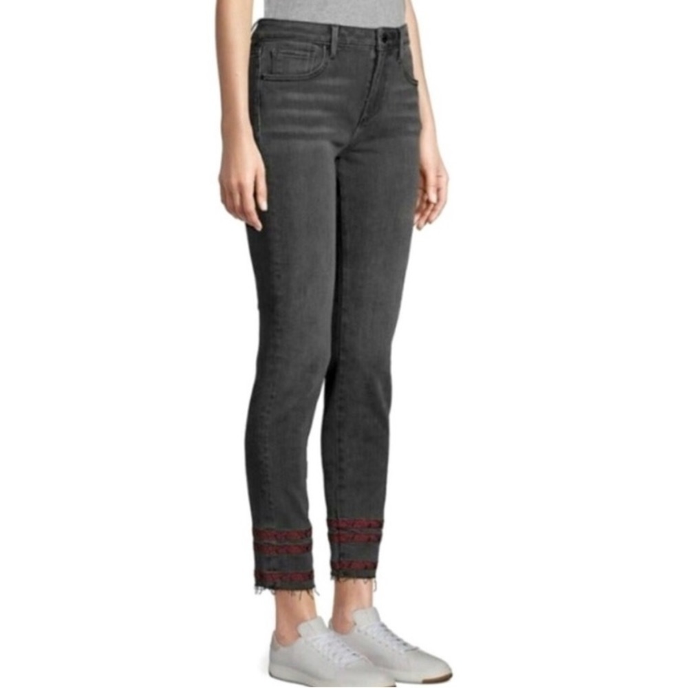 Driftwood Jackie Skinny Embroidered Stripe Raw Hem in Faded Black, Size 26